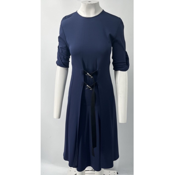 Sportmax Dresses & Skirts - Sportmax ALTERED Navy 3/4 Sleeve Leather-Buckle Accent Midi Dress sz M